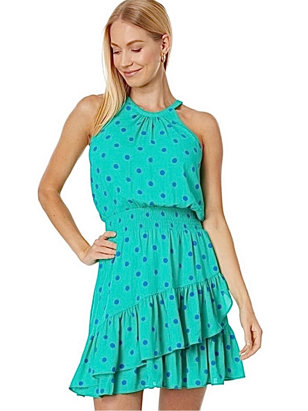 Lilly Pulitzer Green Blue Polka Dot Halter Ruffle Pamelyn mini Dress6
